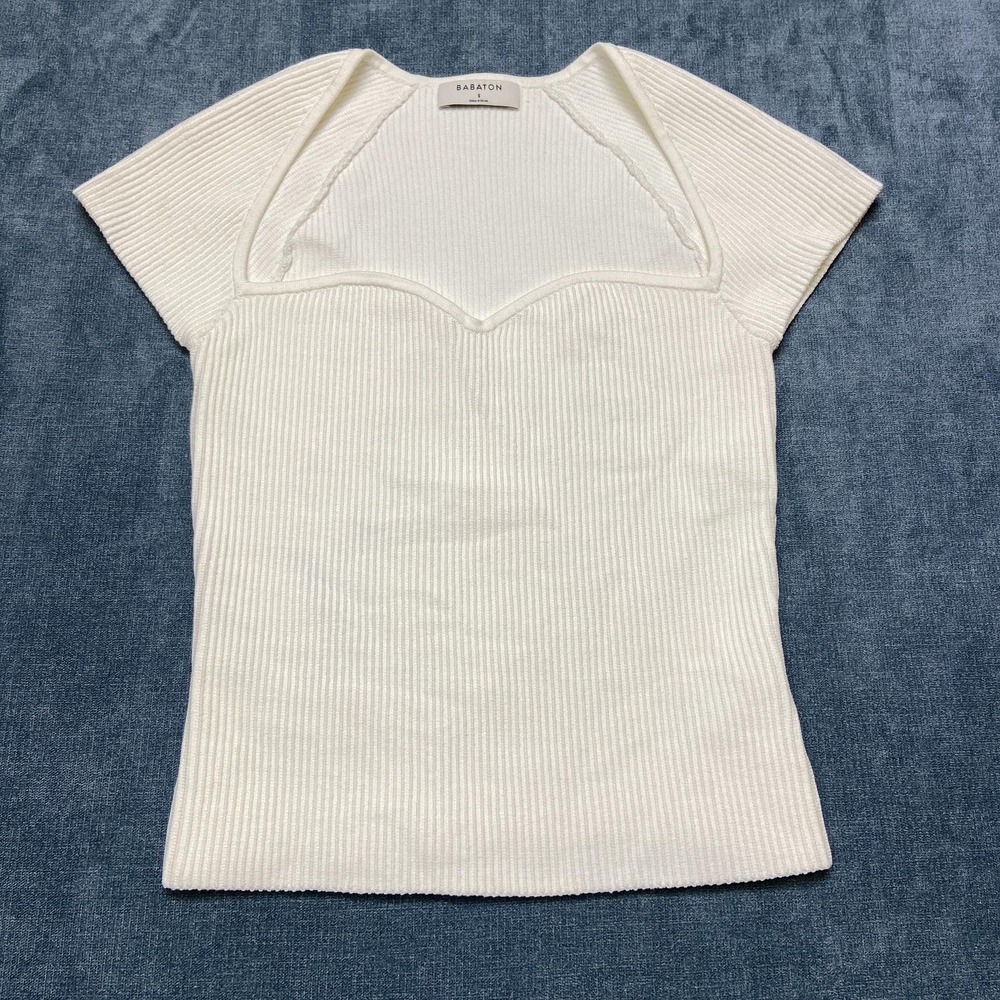 Babaton Top Womens Small White Ribbed Hem Square Sweetheart Neck Ribbed Knit